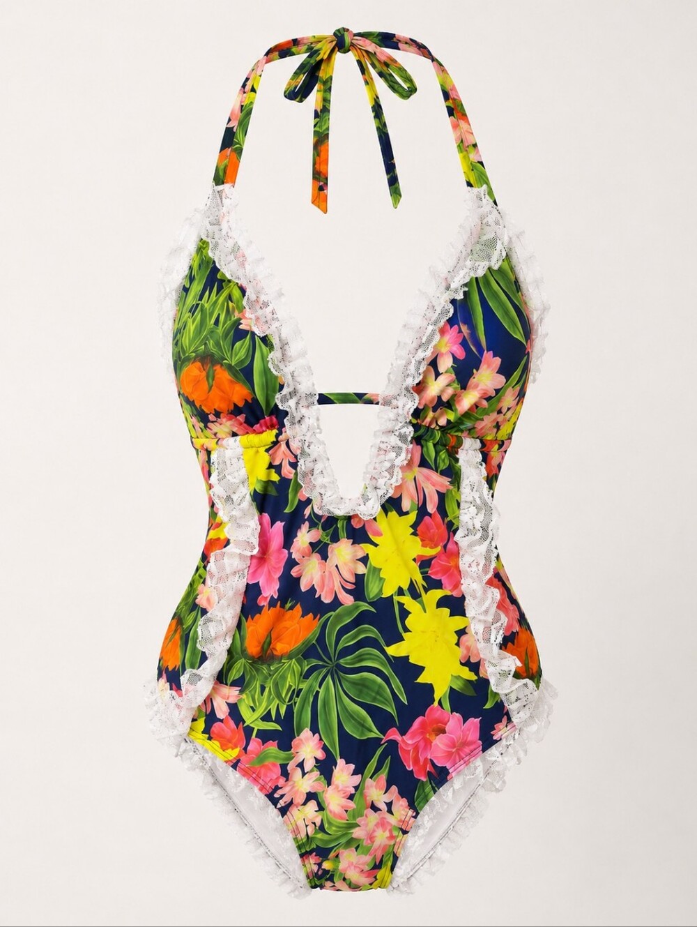 Tropical Ruffles with Lace V-Plunging One Piece Women's Swimsuit Size XL